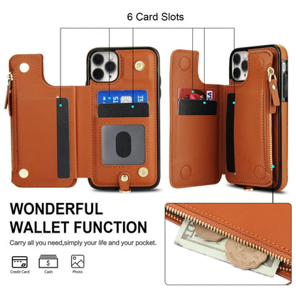 For iPhone 11 Pro Double Flap Zipper RFID Leather Phone Case with Short Lanyard(Brown) - iPhone 11 Pro Cases by buy2fix | Online Shopping UK | buy2fix
