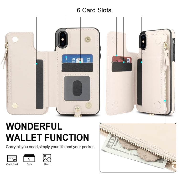For iPhone X / XS Double Flap Zipper RFID Leather Phone Case with Short Lanyard(White) - More iPhone Cases by buy2fix | Online Shopping UK | buy2fix