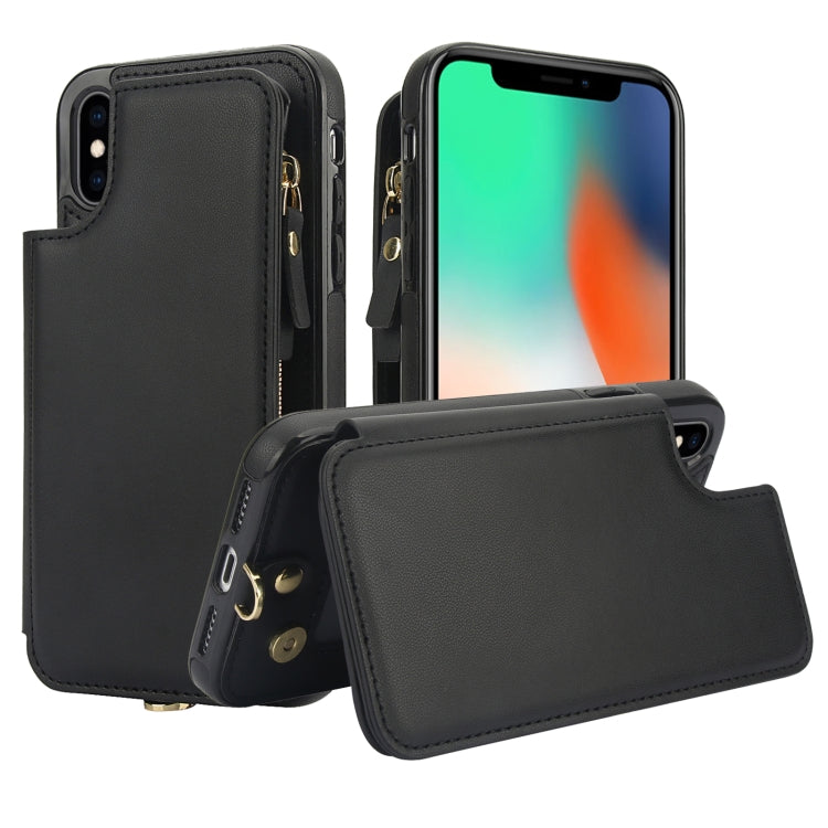 For iPhone X / XS Double Flap Zipper RFID Leather Phone Case with Short Lanyard(Black) - More iPhone Cases by buy2fix | Online Shopping UK | buy2fix