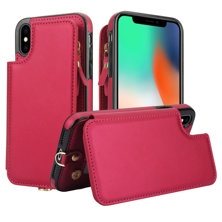 For iPhone X / XS Double Flap Zipper RFID Leather Phone Case with Short Lanyard(Red) - More iPhone Cases by buy2fix | Online Shopping UK | buy2fix