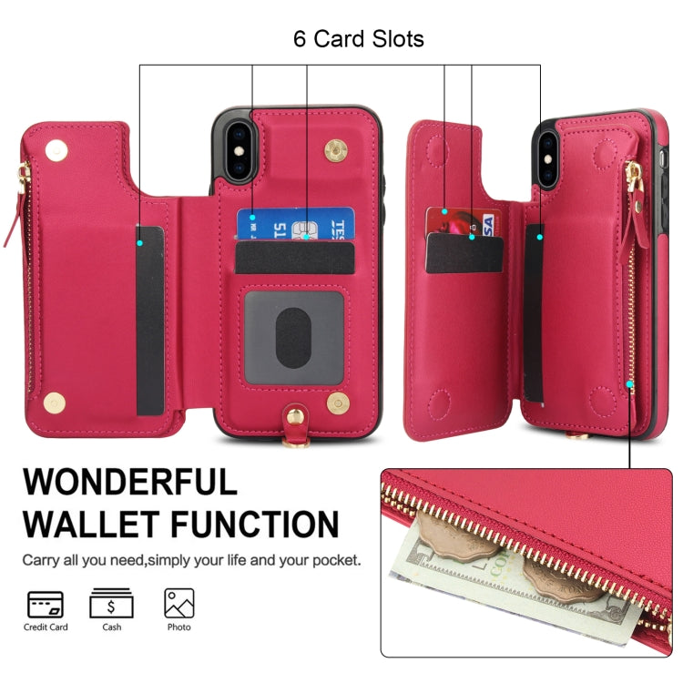 For iPhone X / XS Double Flap Zipper RFID Leather Phone Case with Short Lanyard(Red) - More iPhone Cases by buy2fix | Online Shopping UK | buy2fix