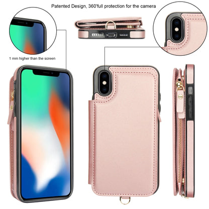 For iPhone X / XS Double Flap Zipper RFID Leather Phone Case with Short Lanyard(Rose Gold) - More iPhone Cases by buy2fix | Online Shopping UK | buy2fix