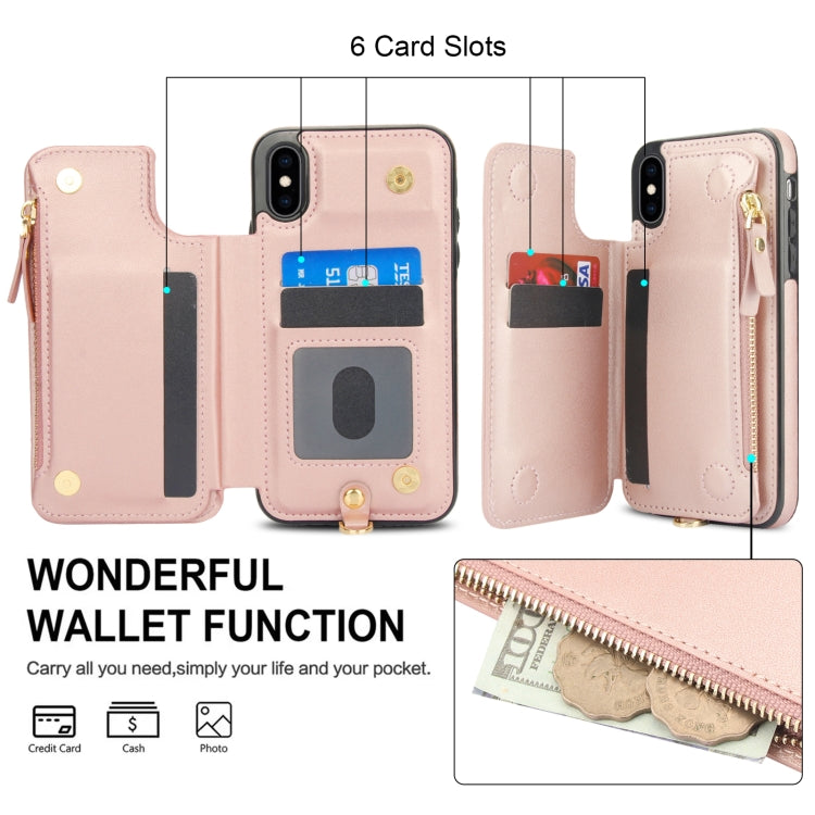 For iPhone X / XS Double Flap Zipper RFID Leather Phone Case with Short Lanyard(Rose Gold) - More iPhone Cases by buy2fix | Online Shopping UK | buy2fix