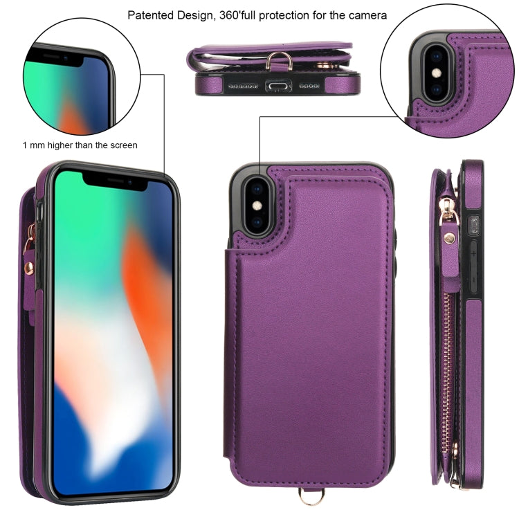 For iPhone X / XS Double Flap Zipper RFID Leather Phone Case with Short Lanyard(Dark Purple) - More iPhone Cases by buy2fix | Online Shopping UK | buy2fix