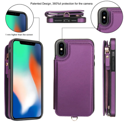 For iPhone X / XS Double Flap Zipper RFID Leather Phone Case with Short Lanyard(Dark Purple) - More iPhone Cases by buy2fix | Online Shopping UK | buy2fix