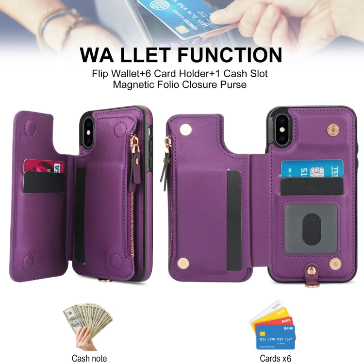 For iPhone X / XS Double Flap Zipper RFID Leather Phone Case with Short Lanyard(Dark Purple) - More iPhone Cases by buy2fix | Online Shopping UK | buy2fix