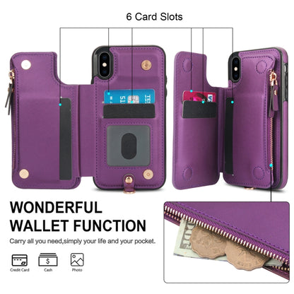 For iPhone X / XS Double Flap Zipper RFID Leather Phone Case with Short Lanyard(Dark Purple) - More iPhone Cases by buy2fix | Online Shopping UK | buy2fix
