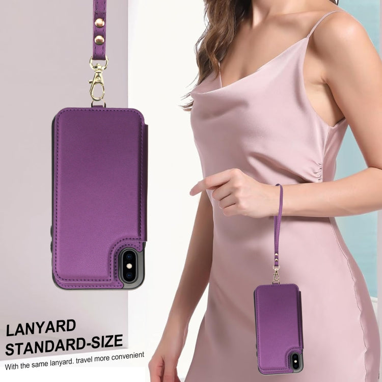 For iPhone X / XS Double Flap Zipper RFID Leather Phone Case with Short Lanyard(Dark Purple) - More iPhone Cases by buy2fix | Online Shopping UK | buy2fix