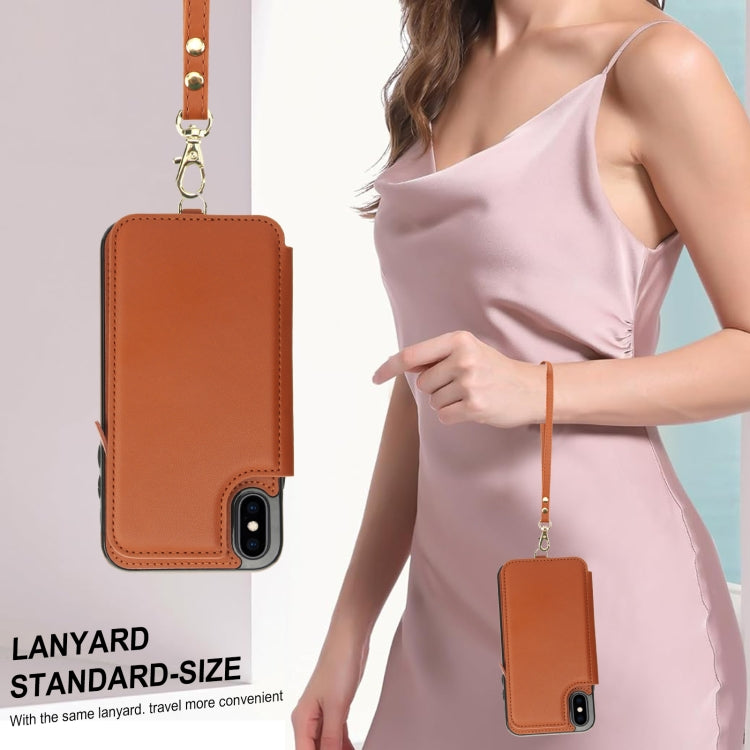 For iPhone X / XS Double Flap Zipper RFID Leather Phone Case with Short Lanyard(Brown) - More iPhone Cases by buy2fix | Online Shopping UK | buy2fix