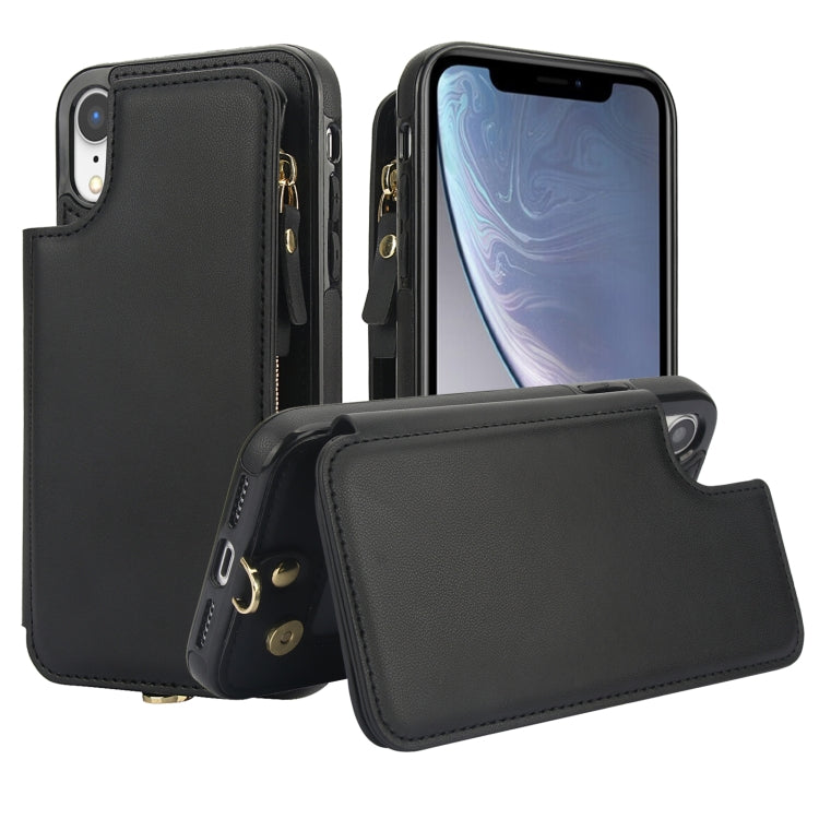 For iPhone XR Double Flap Zipper RFID Leather Phone Case with Short Lanyard(Black) - More iPhone Cases by buy2fix | Online Shopping UK | buy2fix