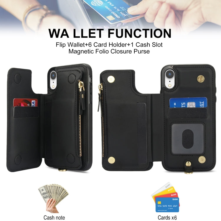 For iPhone XR Double Flap Zipper RFID Leather Phone Case with Short Lanyard(Black) - More iPhone Cases by buy2fix | Online Shopping UK | buy2fix