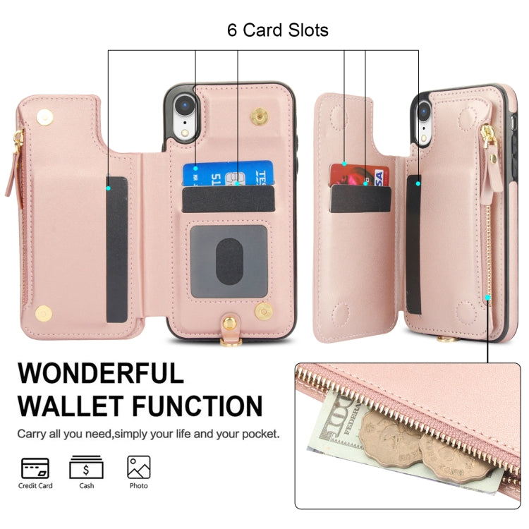 For iPhone XR Double Flap Zipper RFID Leather Phone Case with Short Lanyard(Rose Gold) - More iPhone Cases by buy2fix | Online Shopping UK | buy2fix
