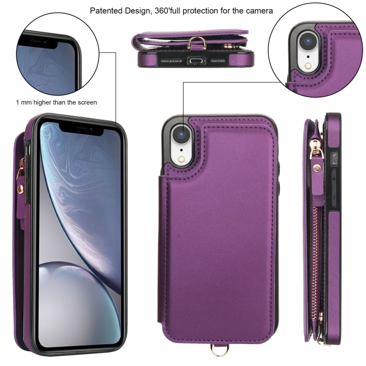 For iPhone XR Double Flap Zipper RFID Leather Phone Case with Short Lanyard(Dark Purple) - More iPhone Cases by buy2fix | Online Shopping UK | buy2fix