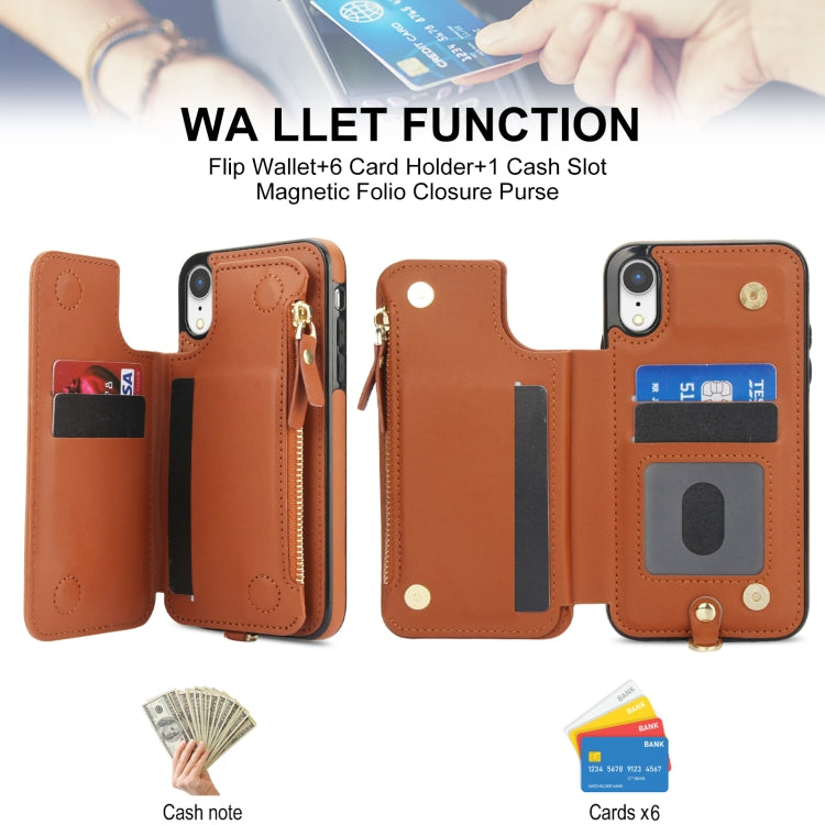 For iPhone XR Double Flap Zipper RFID Leather Phone Case with Short Lanyard(Brown) - More iPhone Cases by buy2fix | Online Shopping UK | buy2fix