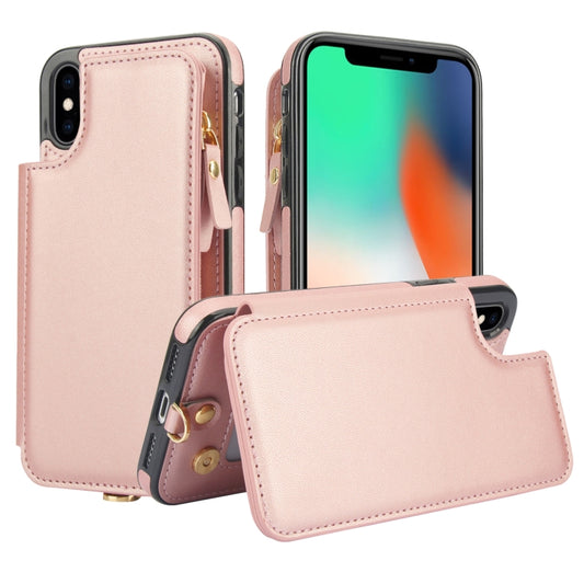 For iPhone XS Max Double Flap Zipper RFID Leather Phone Case with Short Lanyard(Rose Gold) - More iPhone Cases by buy2fix | Online Shopping UK | buy2fix