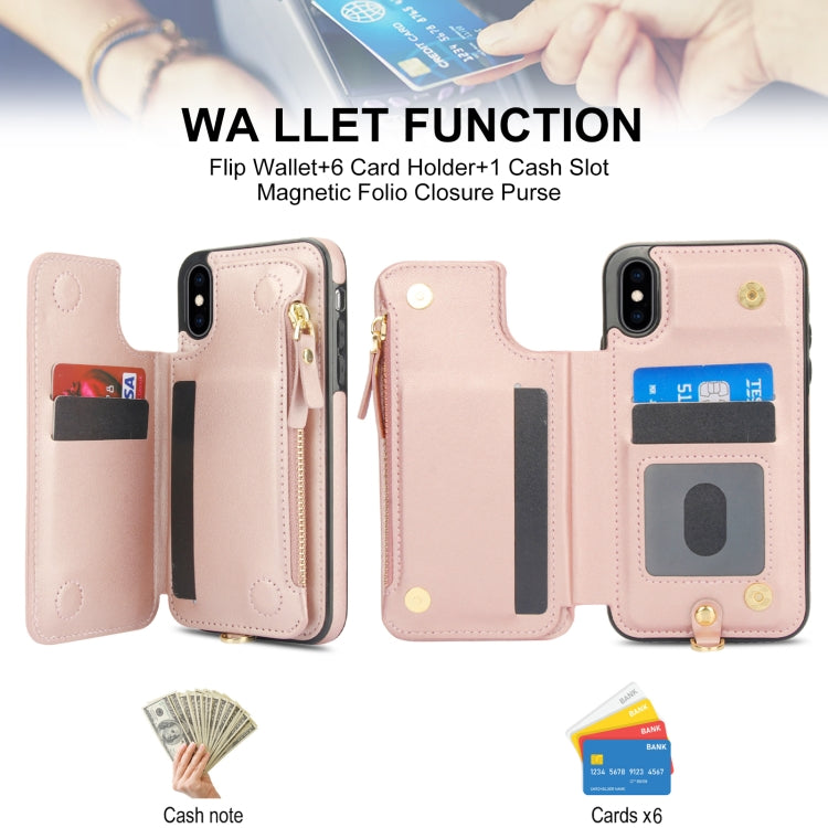 For iPhone XS Max Double Flap Zipper RFID Leather Phone Case with Short Lanyard(Rose Gold) - More iPhone Cases by buy2fix | Online Shopping UK | buy2fix