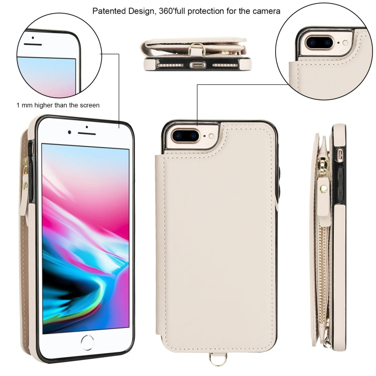 For iPhone 8 Plus / 7 Plus Double Flap Zipper RFID Leather Phone Case with Short Lanyard(White) - More iPhone Cases by buy2fix | Online Shopping UK | buy2fix