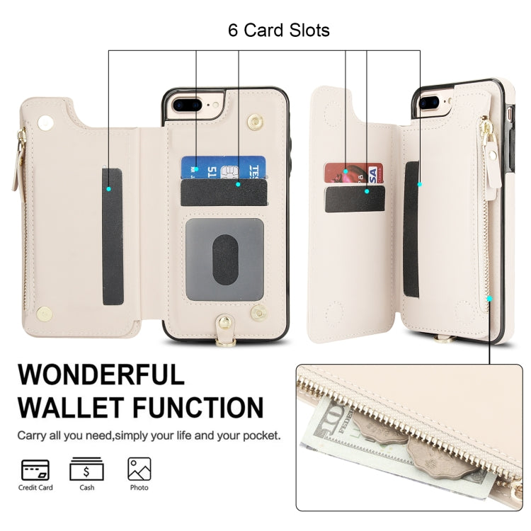 For iPhone 8 Plus / 7 Plus Double Flap Zipper RFID Leather Phone Case with Short Lanyard(White) - More iPhone Cases by buy2fix | Online Shopping UK | buy2fix