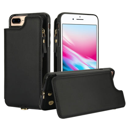 For iPhone 8 Plus / 7 Plus Double Flap Zipper RFID Leather Phone Case with Short Lanyard(Black) - More iPhone Cases by buy2fix | Online Shopping UK | buy2fix