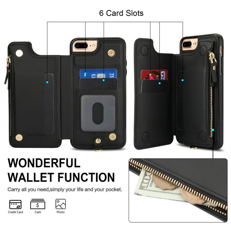 For iPhone 8 Plus / 7 Plus Double Flap Zipper RFID Leather Phone Case with Short Lanyard(Black) - More iPhone Cases by buy2fix | Online Shopping UK | buy2fix
