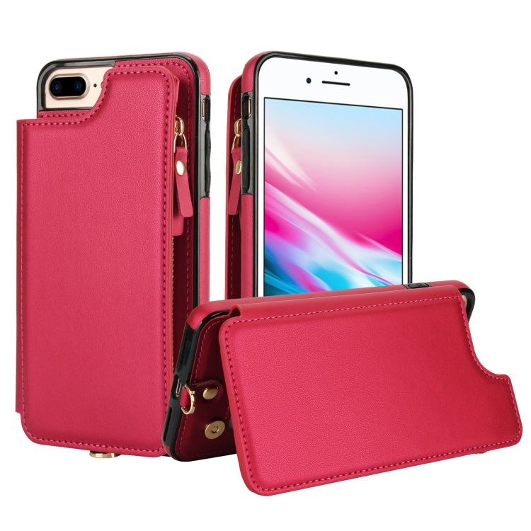 For iPhone 8 Plus / 7 Plus Double Flap Zipper RFID Leather Phone Case with Short Lanyard(Red) - More iPhone Cases by buy2fix | Online Shopping UK | buy2fix