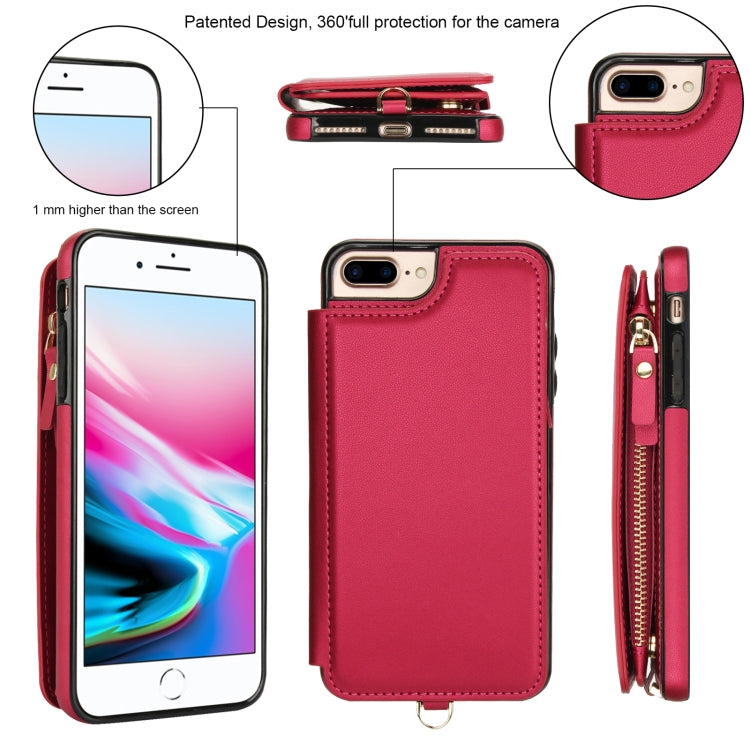 For iPhone 8 Plus / 7 Plus Double Flap Zipper RFID Leather Phone Case with Short Lanyard(Red) - More iPhone Cases by buy2fix | Online Shopping UK | buy2fix