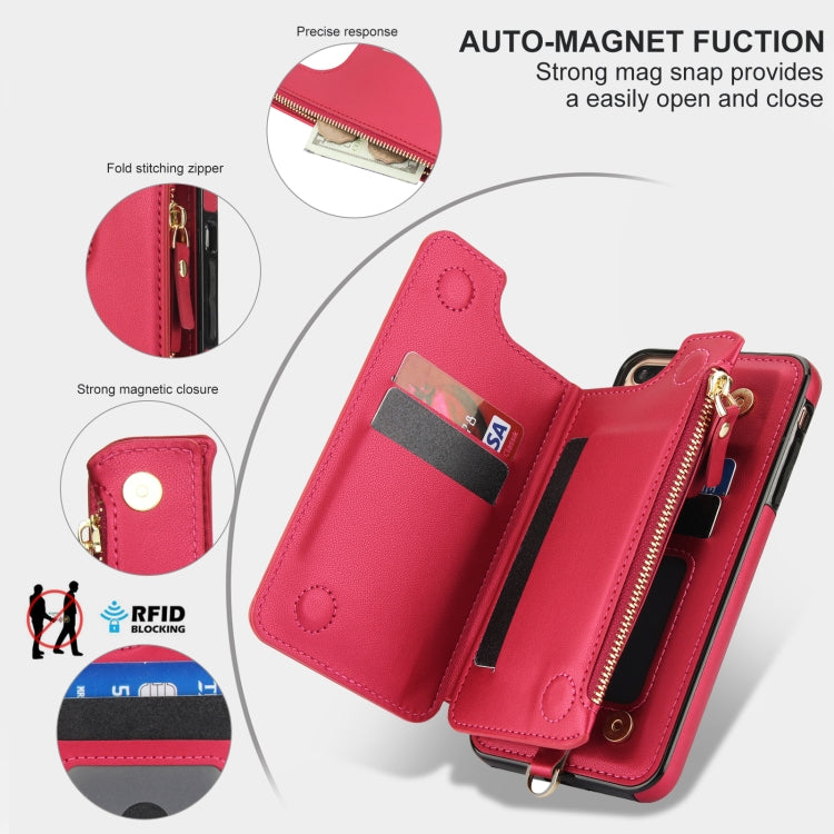 For iPhone 8 Plus / 7 Plus Double Flap Zipper RFID Leather Phone Case with Short Lanyard(Red) - More iPhone Cases by buy2fix | Online Shopping UK | buy2fix