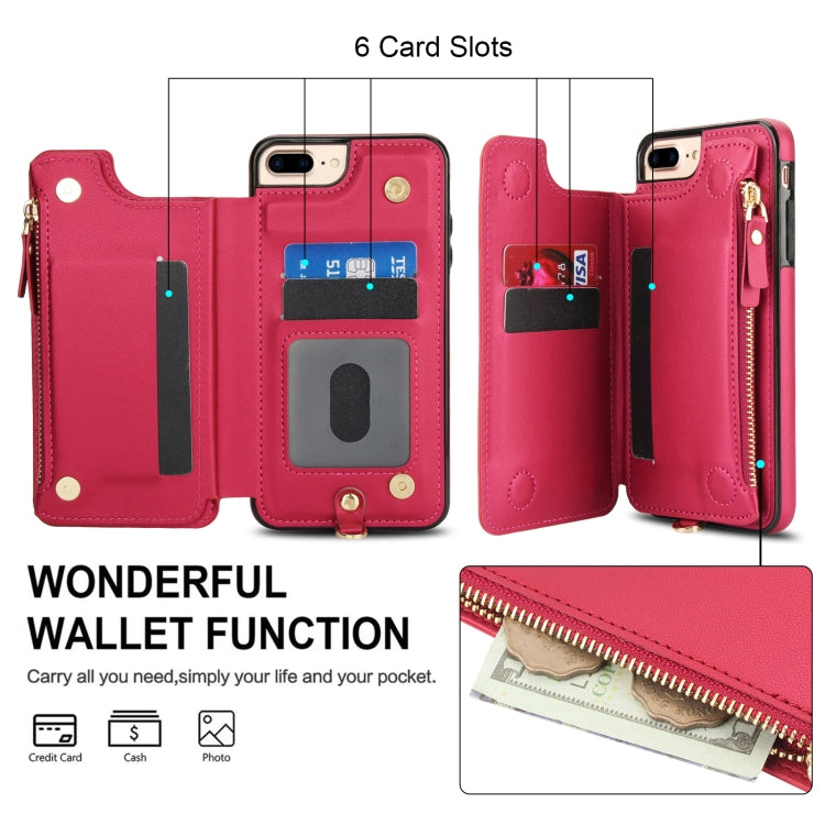 For iPhone 8 Plus / 7 Plus Double Flap Zipper RFID Leather Phone Case with Short Lanyard(Red) - More iPhone Cases by buy2fix | Online Shopping UK | buy2fix