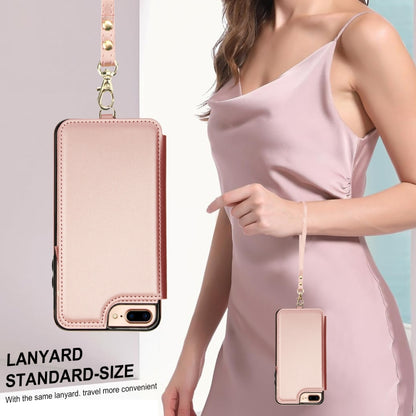 For iPhone 8 Plus / 7 Plus Double Flap Zipper RFID Leather Phone Case with Short Lanyard(Rose Gold) - More iPhone Cases by buy2fix | Online Shopping UK | buy2fix