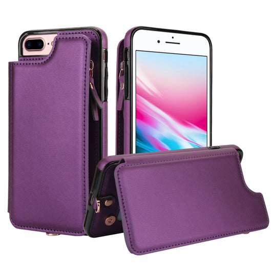 For iPhone 8 Plus / 7 Plus Double Flap Zipper RFID Leather Phone Case with Short Lanyard(Dark Purple) - More iPhone Cases by buy2fix | Online Shopping UK | buy2fix
