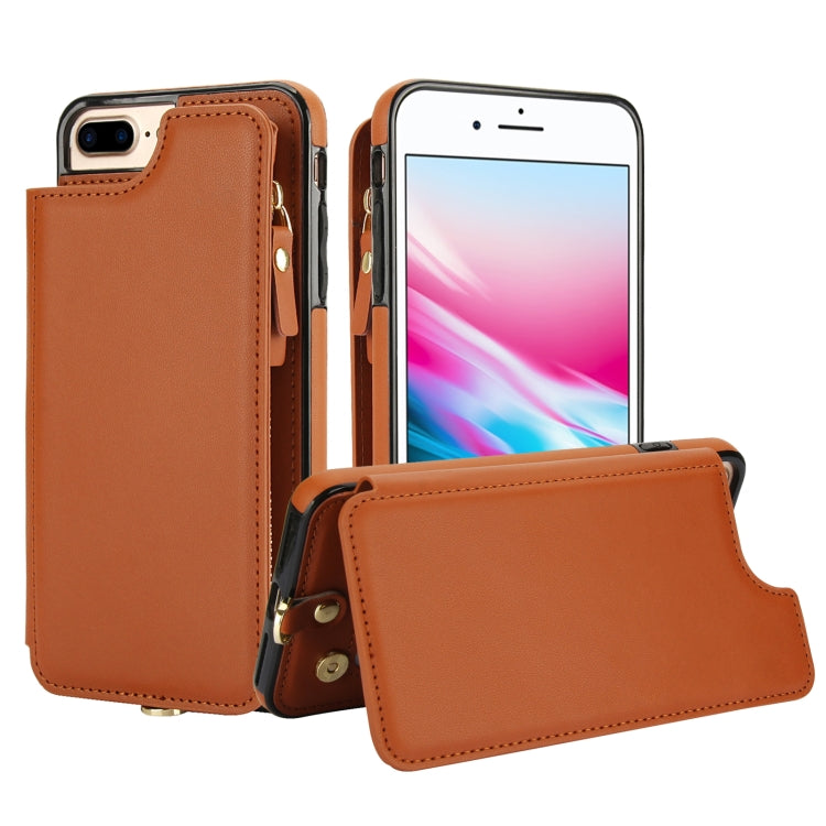 For iPhone 8 Plus / 7 Plus Double Flap Zipper RFID Leather Phone Case with Short Lanyard(Brown) - More iPhone Cases by buy2fix | Online Shopping UK | buy2fix