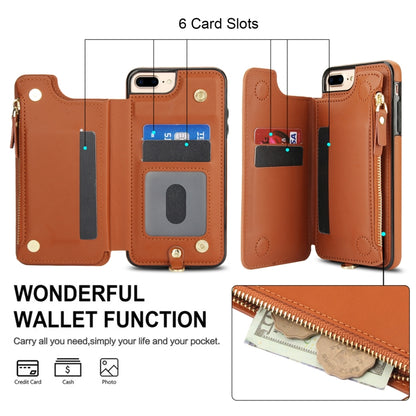 For iPhone 8 Plus / 7 Plus Double Flap Zipper RFID Leather Phone Case with Short Lanyard(Brown) - More iPhone Cases by buy2fix | Online Shopping UK | buy2fix