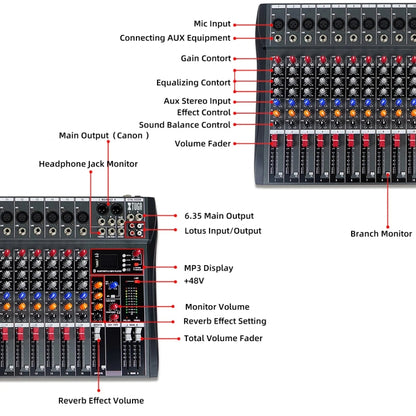 XTUGA CT120X 12-Channels Audio Mixer DJ Mixing Console with 48V Power Supply(US Plug) - Live Sound Effects Processors by XTUGA | Online Shopping UK | buy2fix