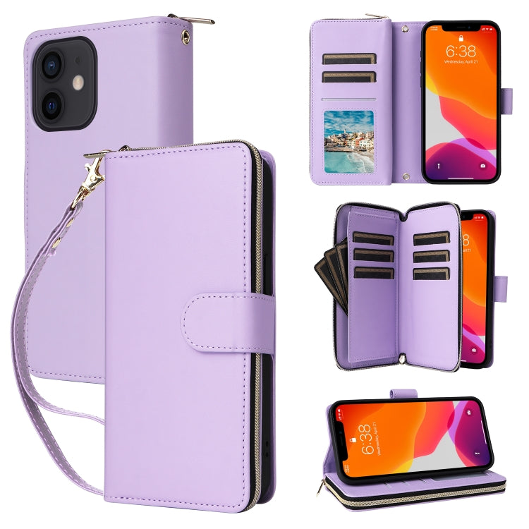 For iPhone 12 / 12 Pro Nine-card Slots Zipper Wallet Bag Leather Phone Case(Light Purple) - iPhone 12 / 12 Pro Cases by buy2fix | Online Shopping UK | buy2fix