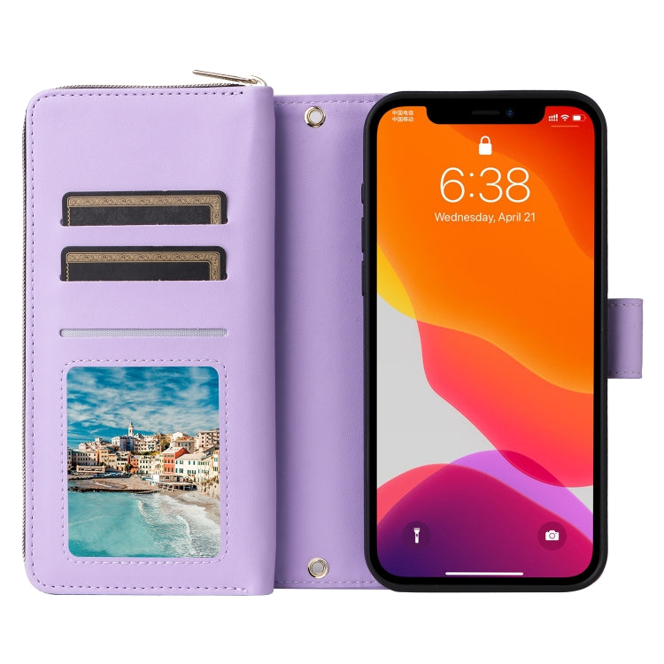 For iPhone 12 / 12 Pro Nine-card Slots Zipper Wallet Bag Leather Phone Case(Light Purple) - iPhone 12 / 12 Pro Cases by buy2fix | Online Shopping UK | buy2fix