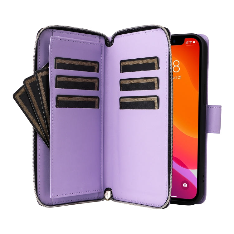For iPhone 12 / 12 Pro Nine-card Slots Zipper Wallet Bag Leather Phone Case(Light Purple) - iPhone 12 / 12 Pro Cases by buy2fix | Online Shopping UK | buy2fix
