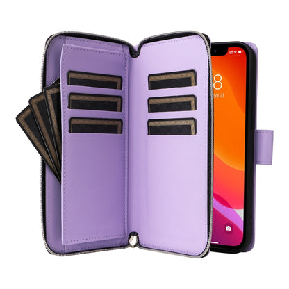 For iPhone 12 / 12 Pro Nine-card Slots Zipper Wallet Bag Leather Phone Case(Light Purple) - iPhone 12 / 12 Pro Cases by buy2fix | Online Shopping UK | buy2fix