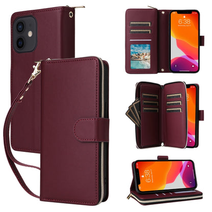 For iPhone 12 / 12 Pro Nine-card Slots Zipper Wallet Bag Leather Phone Case(Wine Red) - iPhone 12 / 12 Pro Cases by buy2fix | Online Shopping UK | buy2fix