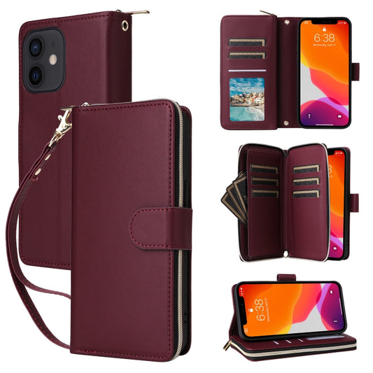 For iPhone 12 / 12 Pro Nine-card Slots Zipper Wallet Bag Leather Phone Case(Wine Red) - iPhone 12 / 12 Pro Cases by buy2fix | Online Shopping UK | buy2fix