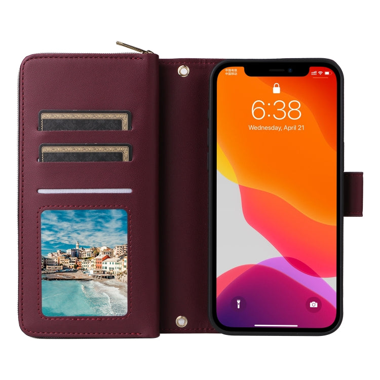 For iPhone 12 / 12 Pro Nine-card Slots Zipper Wallet Bag Leather Phone Case(Wine Red) - iPhone 12 / 12 Pro Cases by buy2fix | Online Shopping UK | buy2fix