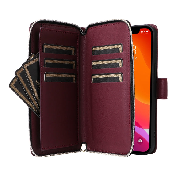 For iPhone 12 / 12 Pro Nine-card Slots Zipper Wallet Bag Leather Phone Case(Wine Red) - iPhone 12 / 12 Pro Cases by buy2fix | Online Shopping UK | buy2fix