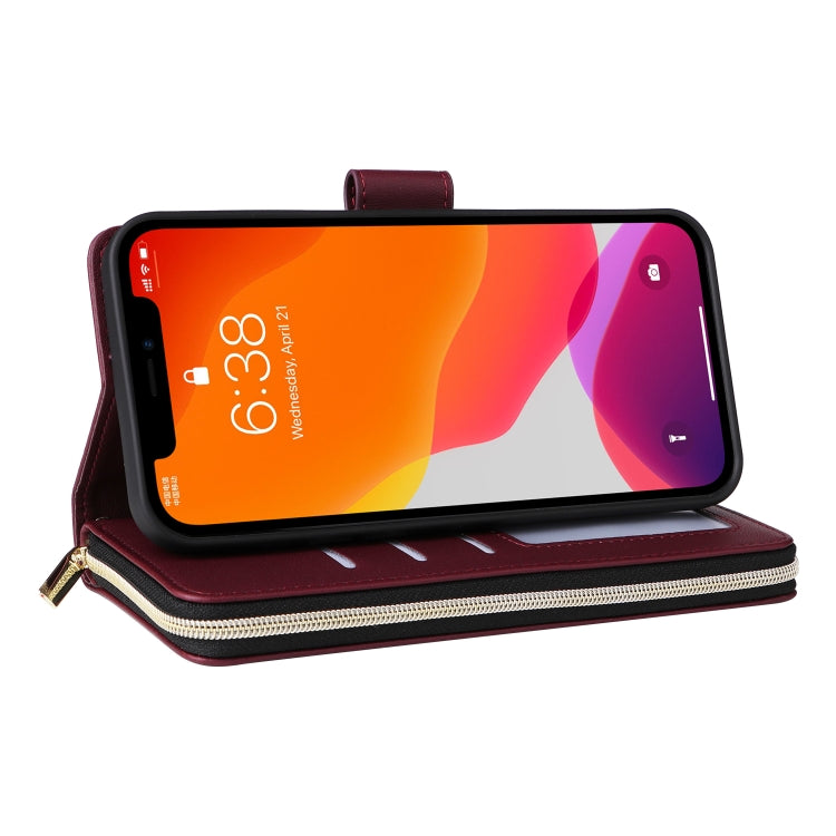 For iPhone 12 / 12 Pro Nine-card Slots Zipper Wallet Bag Leather Phone Case(Wine Red) - iPhone 12 / 12 Pro Cases by buy2fix | Online Shopping UK | buy2fix