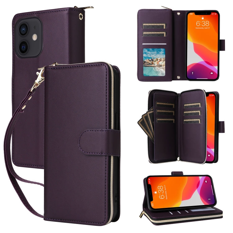 For iPhone 12 / 12 Pro Nine-card Slots Zipper Wallet Bag Leather Phone Case(Dark Purple) - iPhone 12 / 12 Pro Cases by buy2fix | Online Shopping UK | buy2fix