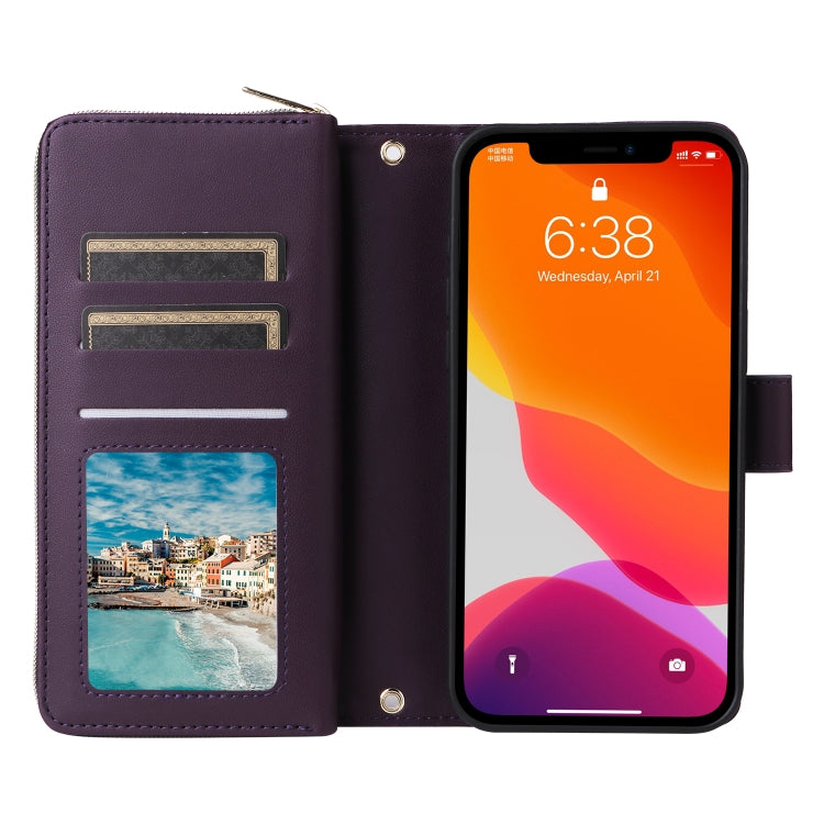 For iPhone 12 / 12 Pro Nine-card Slots Zipper Wallet Bag Leather Phone Case(Dark Purple) - iPhone 12 / 12 Pro Cases by buy2fix | Online Shopping UK | buy2fix