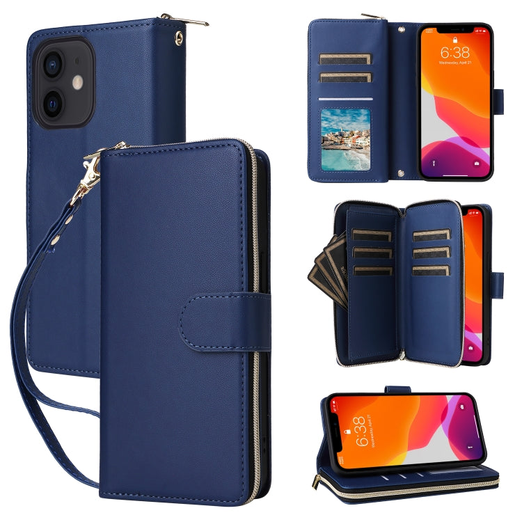 For iPhone 12 / 12 Pro Nine-card Slots Zipper Wallet Bag Leather Phone Case(Blue) - iPhone 12 / 12 Pro Cases by buy2fix | Online Shopping UK | buy2fix