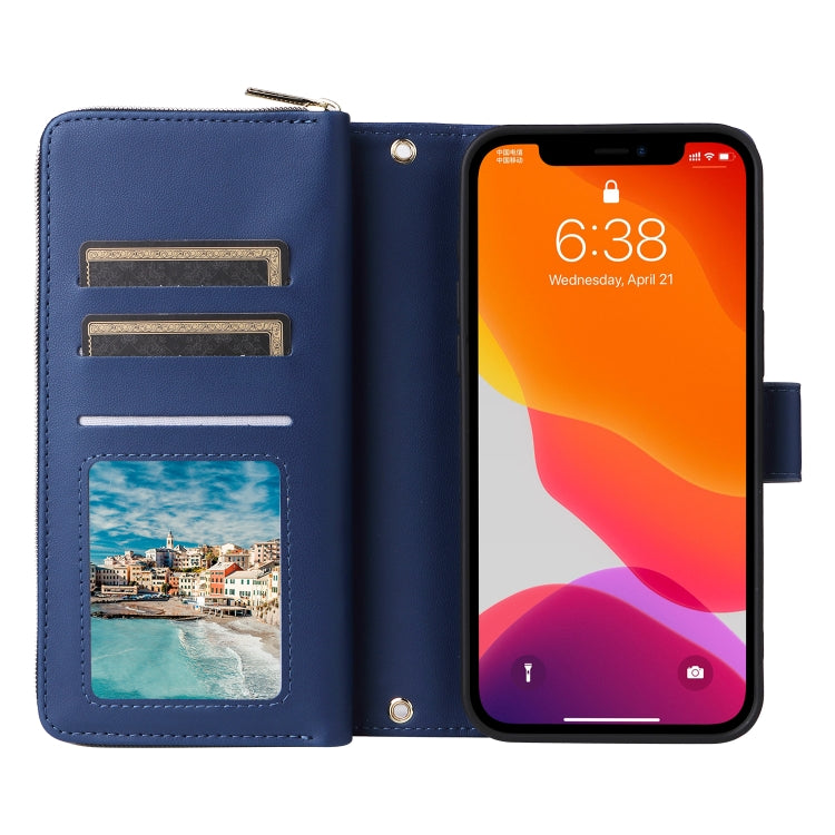 For iPhone 12 / 12 Pro Nine-card Slots Zipper Wallet Bag Leather Phone Case(Blue) - iPhone 12 / 12 Pro Cases by buy2fix | Online Shopping UK | buy2fix