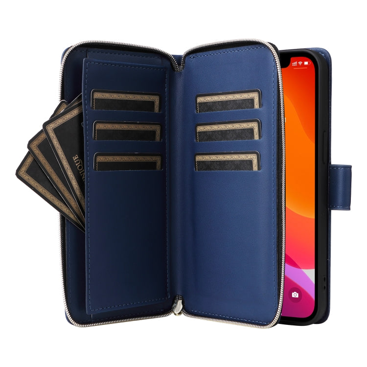 For iPhone 12 / 12 Pro Nine-card Slots Zipper Wallet Bag Leather Phone Case(Blue) - iPhone 12 / 12 Pro Cases by buy2fix | Online Shopping UK | buy2fix