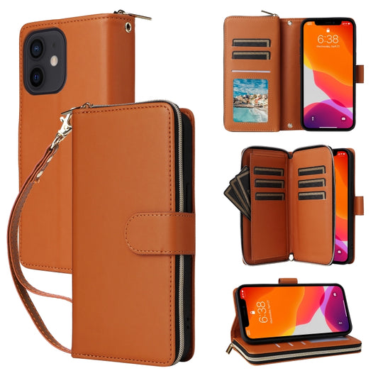 For iPhone 12 / 12 Pro Nine-card Slots Zipper Wallet Bag Leather Phone Case(Brown) - iPhone 12 / 12 Pro Cases by buy2fix | Online Shopping UK | buy2fix