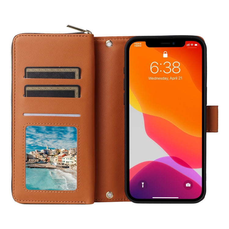 For iPhone 12 / 12 Pro Nine-card Slots Zipper Wallet Bag Leather Phone Case(Brown) - iPhone 12 / 12 Pro Cases by buy2fix | Online Shopping UK | buy2fix