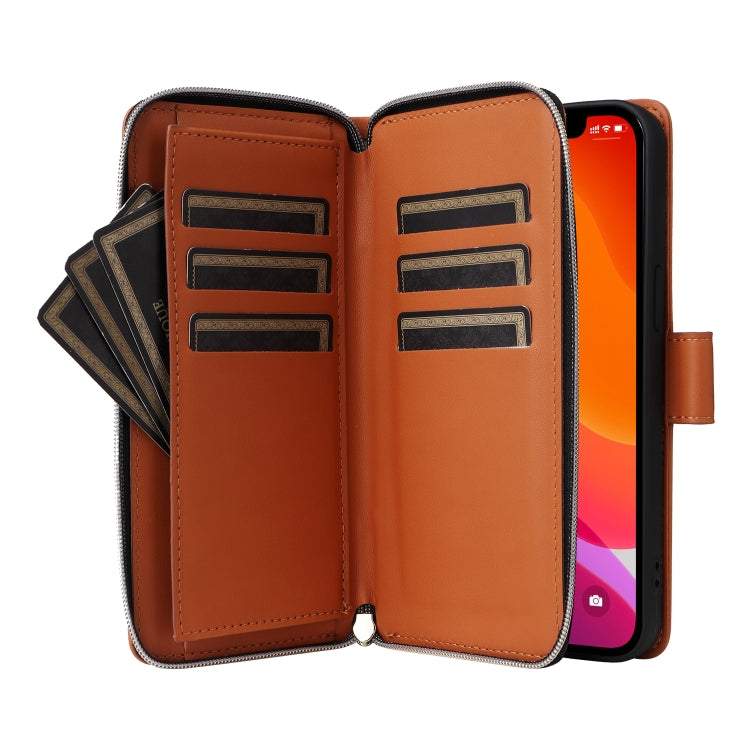 For iPhone 12 / 12 Pro Nine-card Slots Zipper Wallet Bag Leather Phone Case(Brown) - iPhone 12 / 12 Pro Cases by buy2fix | Online Shopping UK | buy2fix